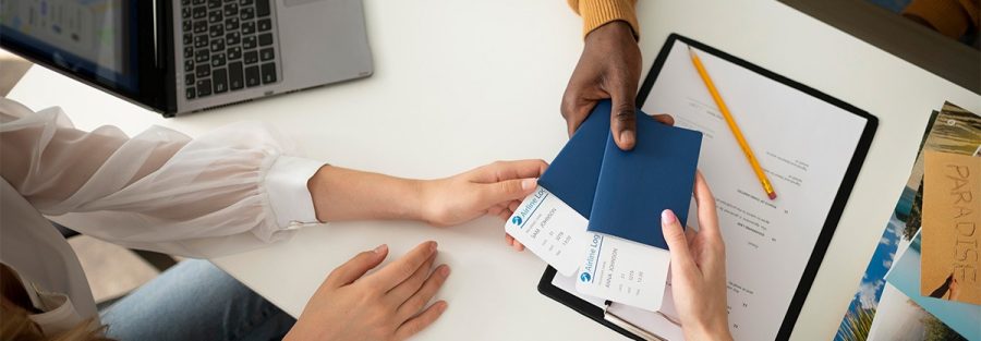 Travel and visa document processing consultation in office environment