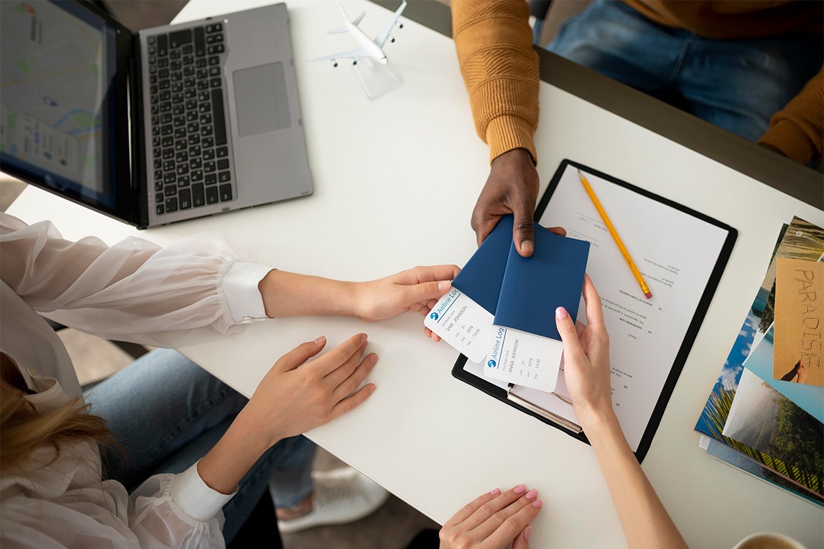 Travel and visa document processing consultation in office environment