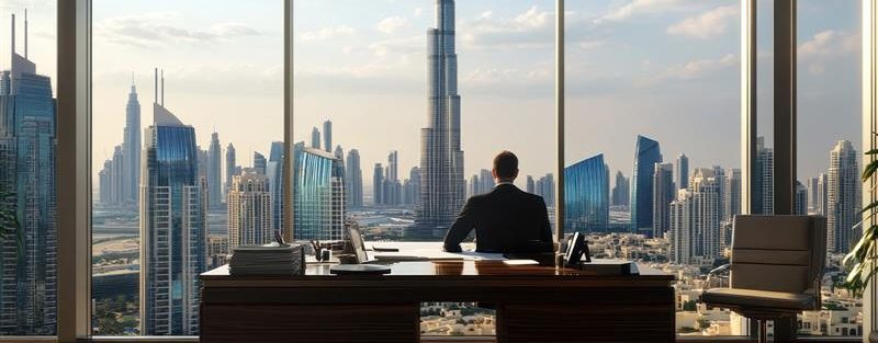 Businessman looking at Burj Khalifa through office window in Dubai UAE