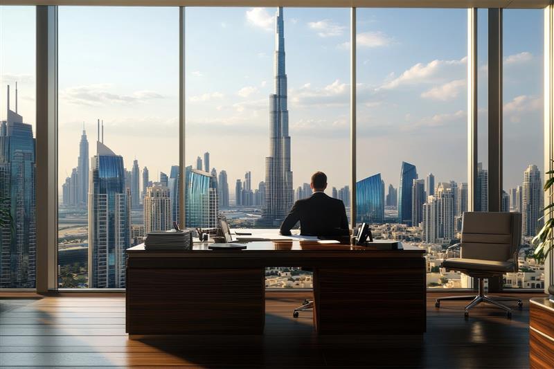 Businessman looking at Burj Khalifa through office window in Dubai UAE