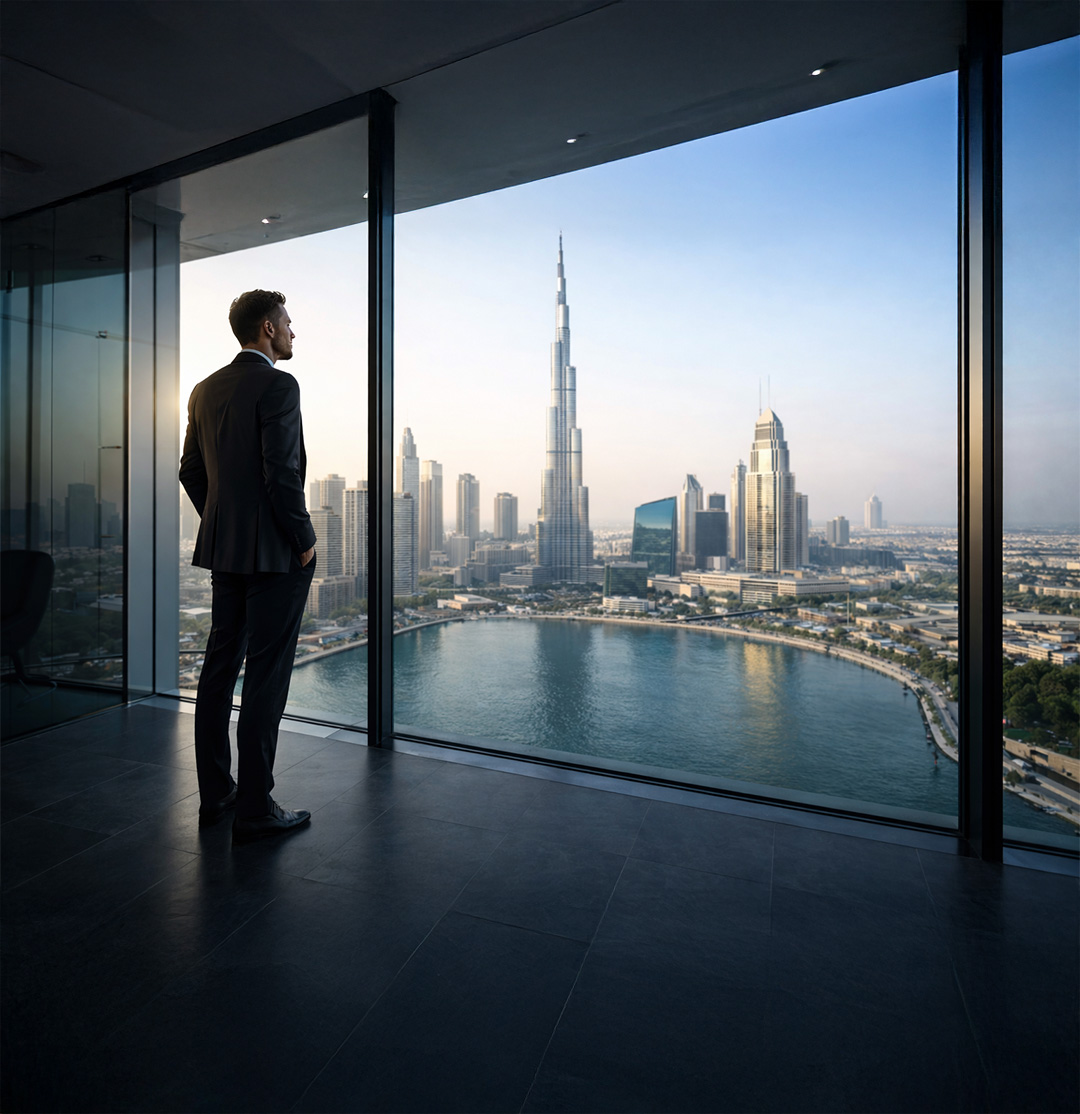 Businessman looking at Burj Khalifa from office window in Dubai