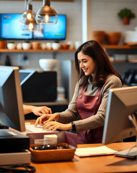 Smiling female cafe staff member working at POS system counter in modern coffee shop