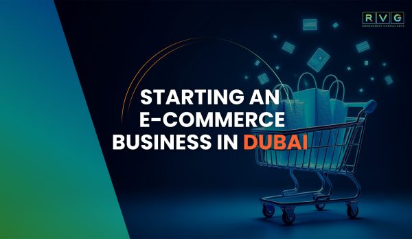 eCommerce Business in Dubai Entrepreneur managing an eCommerce business in Dubai with online shopping, digital marketing, and UAE business setup concept
