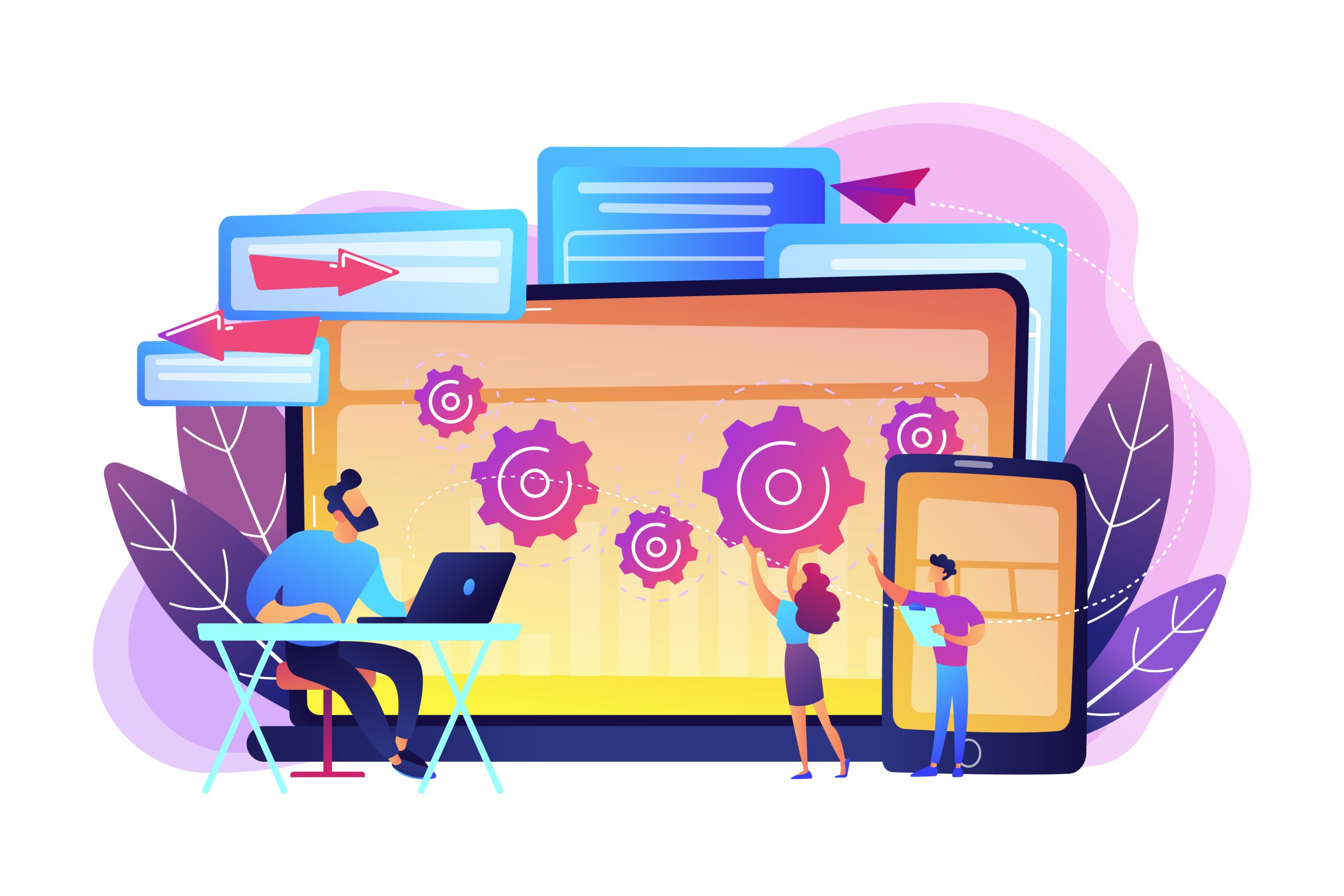 A flat vector illustration of a tech team developing and optimizing software, showing a man at a laptop and two tiny figures managing purple gears across a large computer monitor and a smartphone.