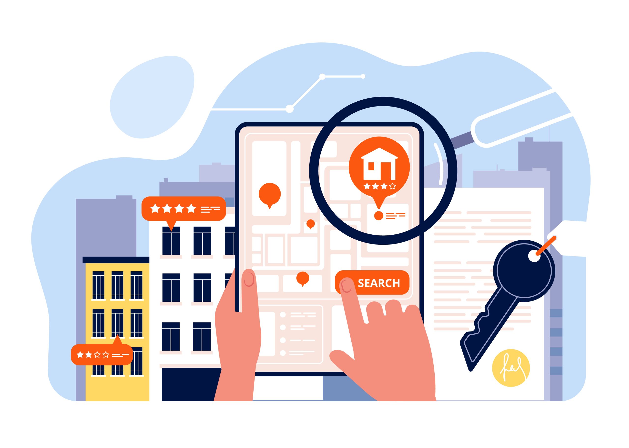 A vector illustration showing a person's hands using a tablet to search for apartments on a digital map, with a magnifying glass highlighting a top-rated property pin, set against a city skyline and a house key.