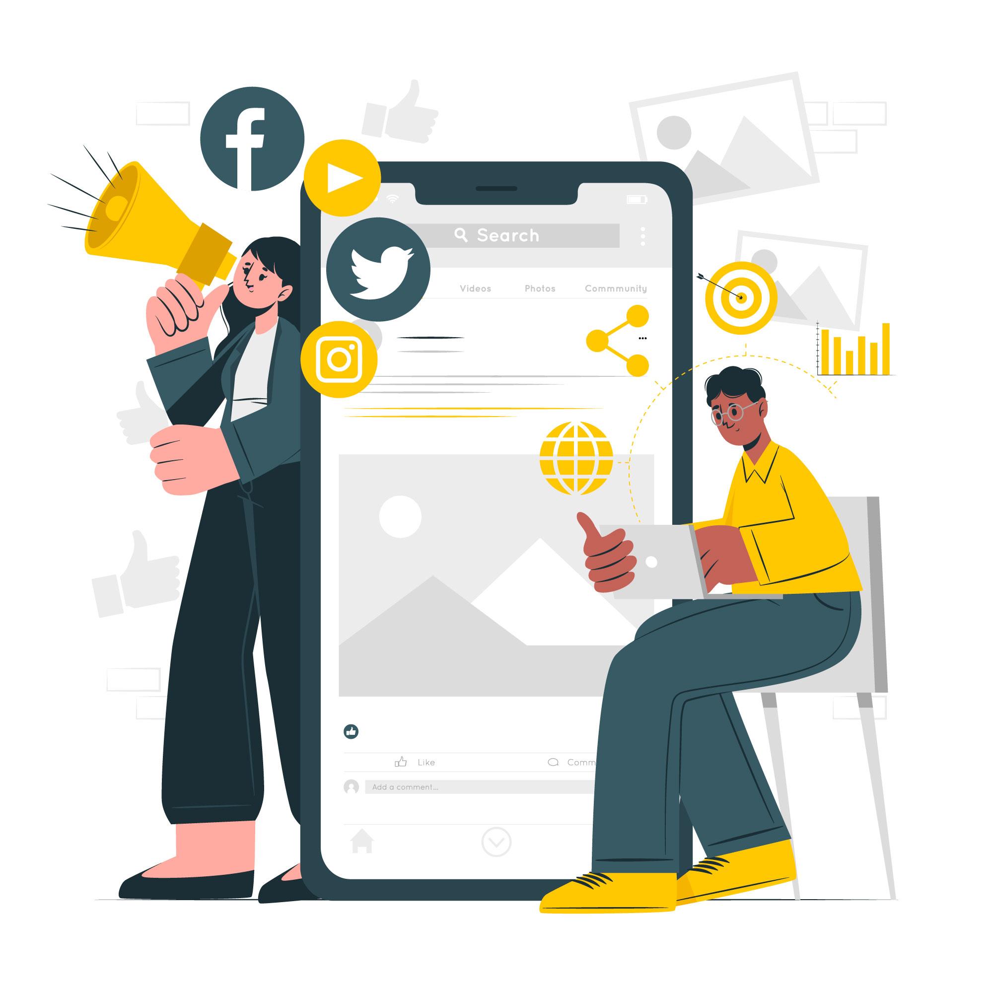 A flat vector illustration of a marketing team managing digital campaigns, featuring a woman shouting into a yellow megaphone and a man working on a laptop next to a giant smartphone displaying social media icons.