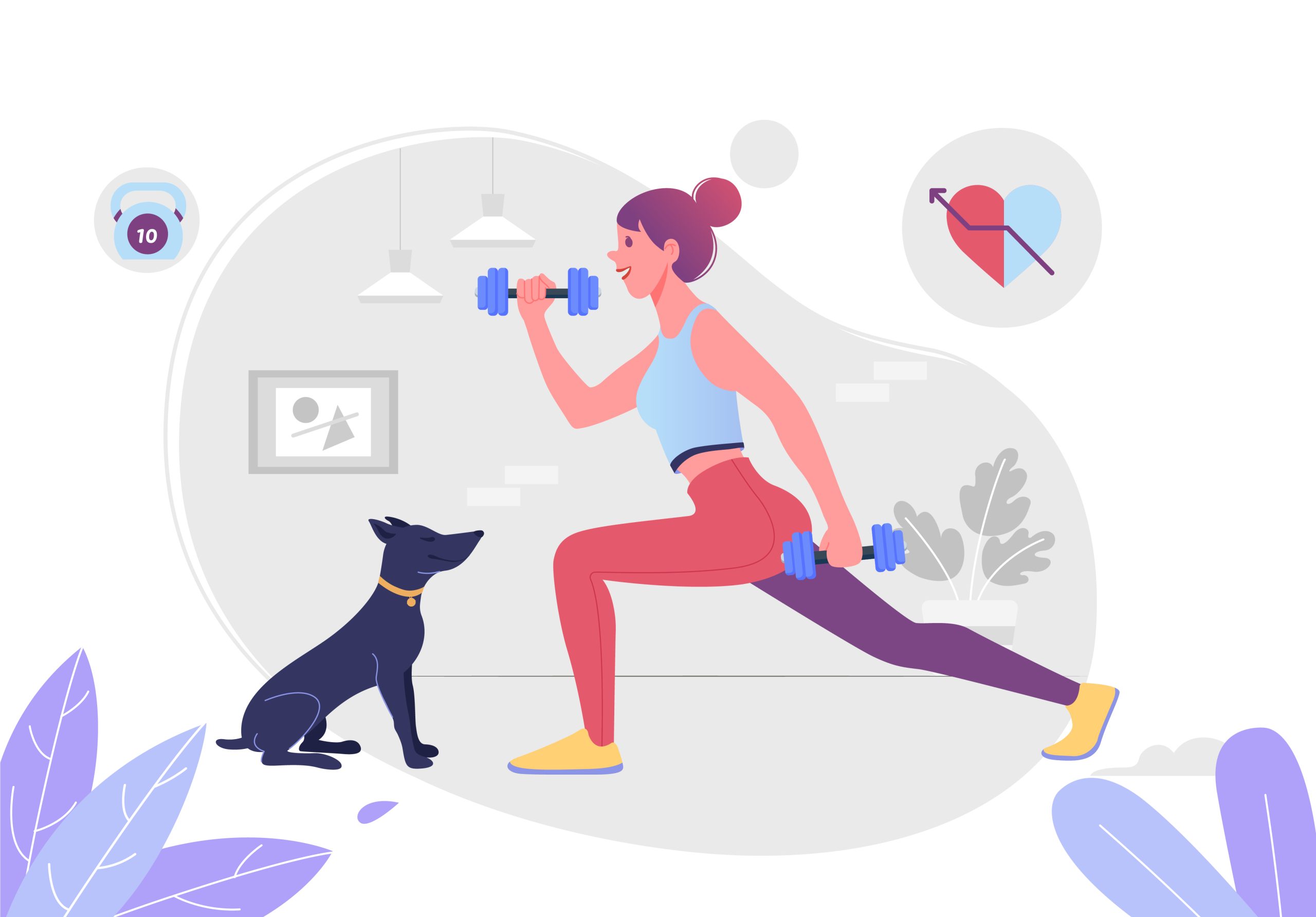A vector illustration of a woman doing lunges with blue dumbbells in a living room while her black dog watches her, with floating health icons in the background.