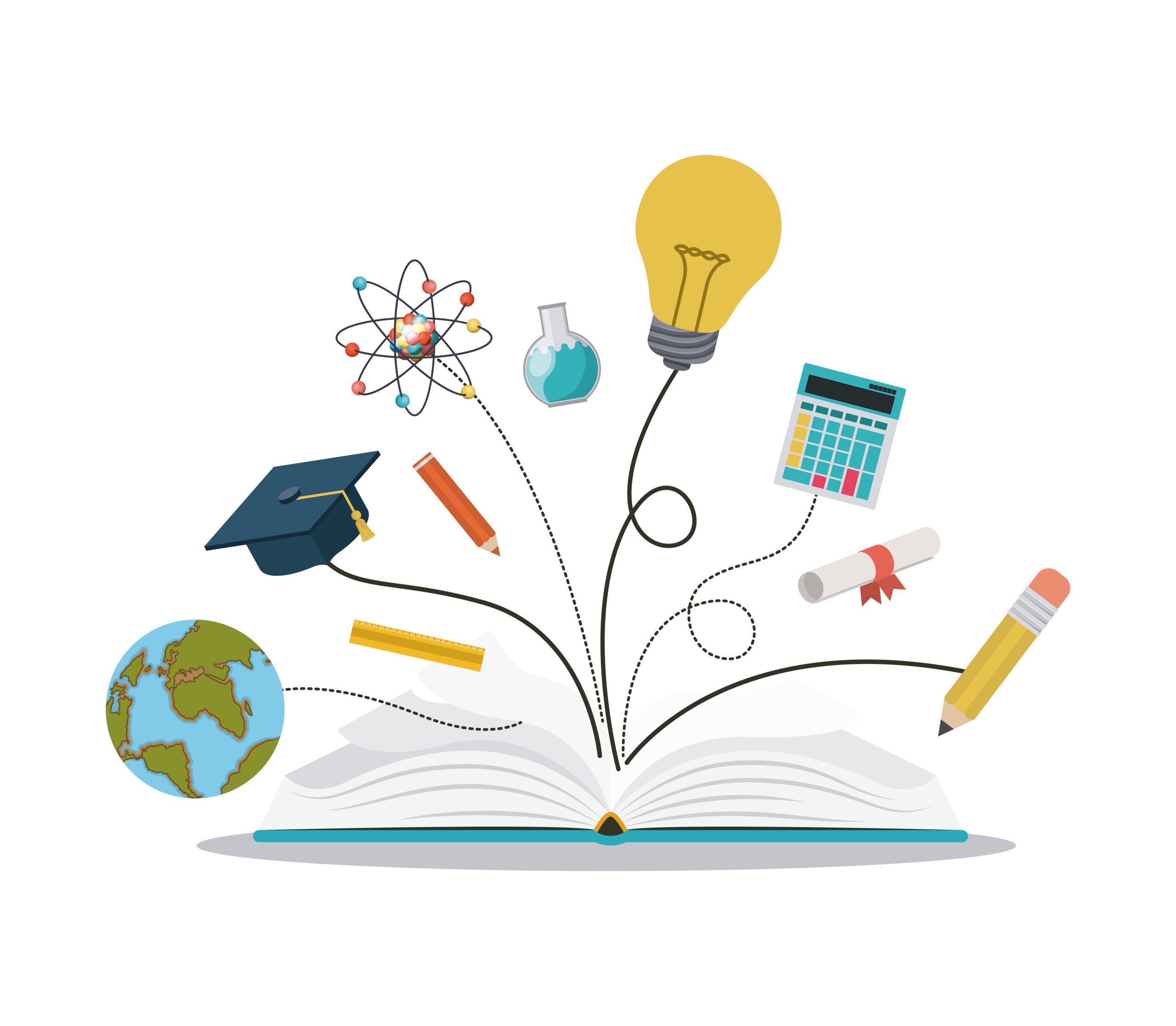 A vector illustration of an open book with various educational and scientific icons sprouting from its pages, including a light bulb, a graduation cap, a globe, and an atom model.