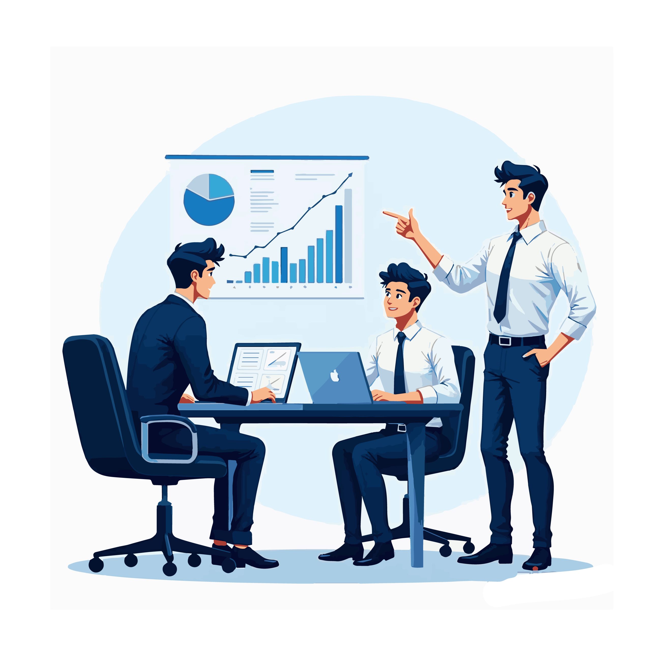 A vector illustration of three businessmen in a corporate setting reviewing financial charts, with one presenter standing and pointing to a whiteboard while two colleagues sit at a desk with laptops.