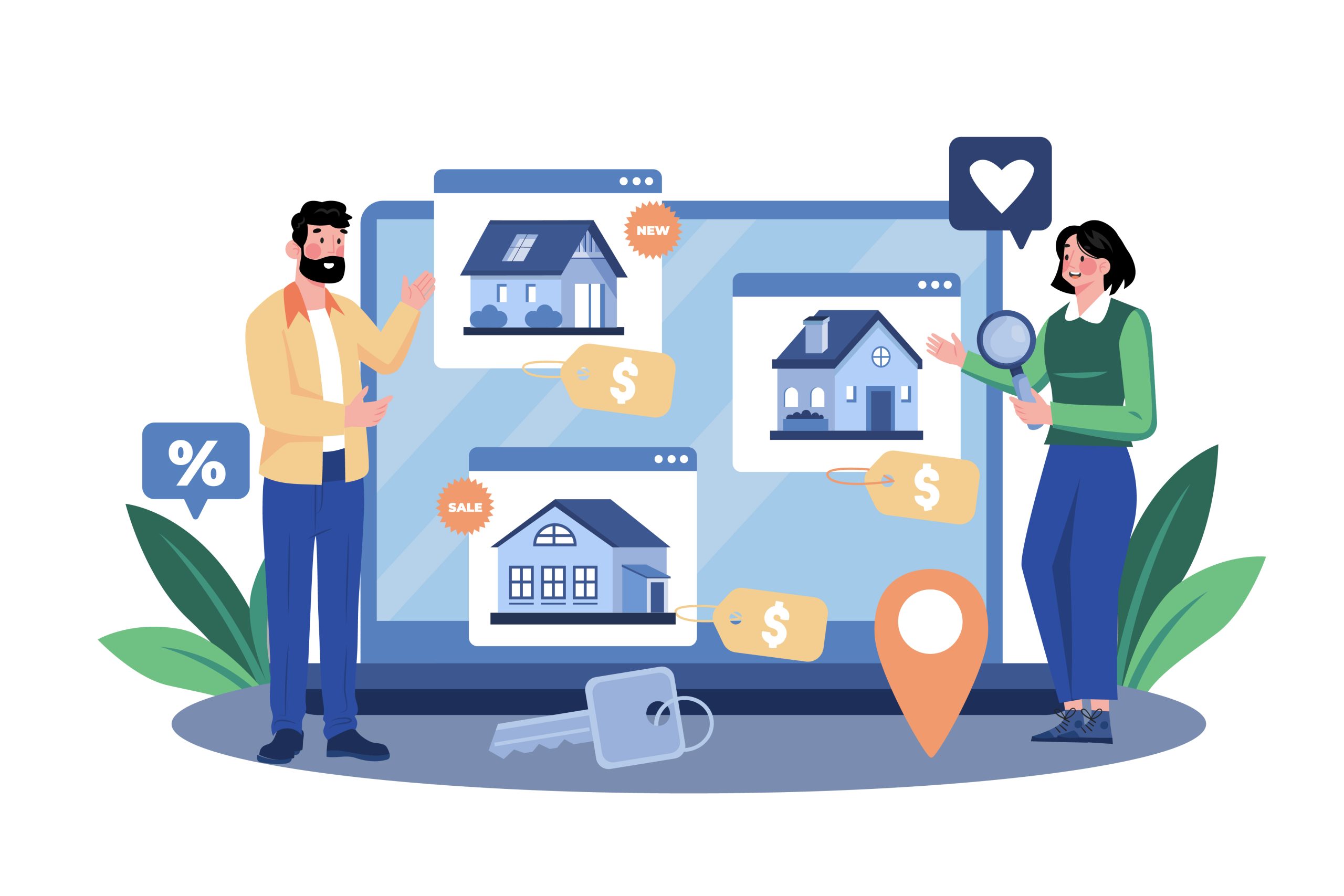 A flat vector illustration of a man and a woman browsing house listings on a large laptop screen, featuring price tags, a house key, a location pin, and discount symbols.