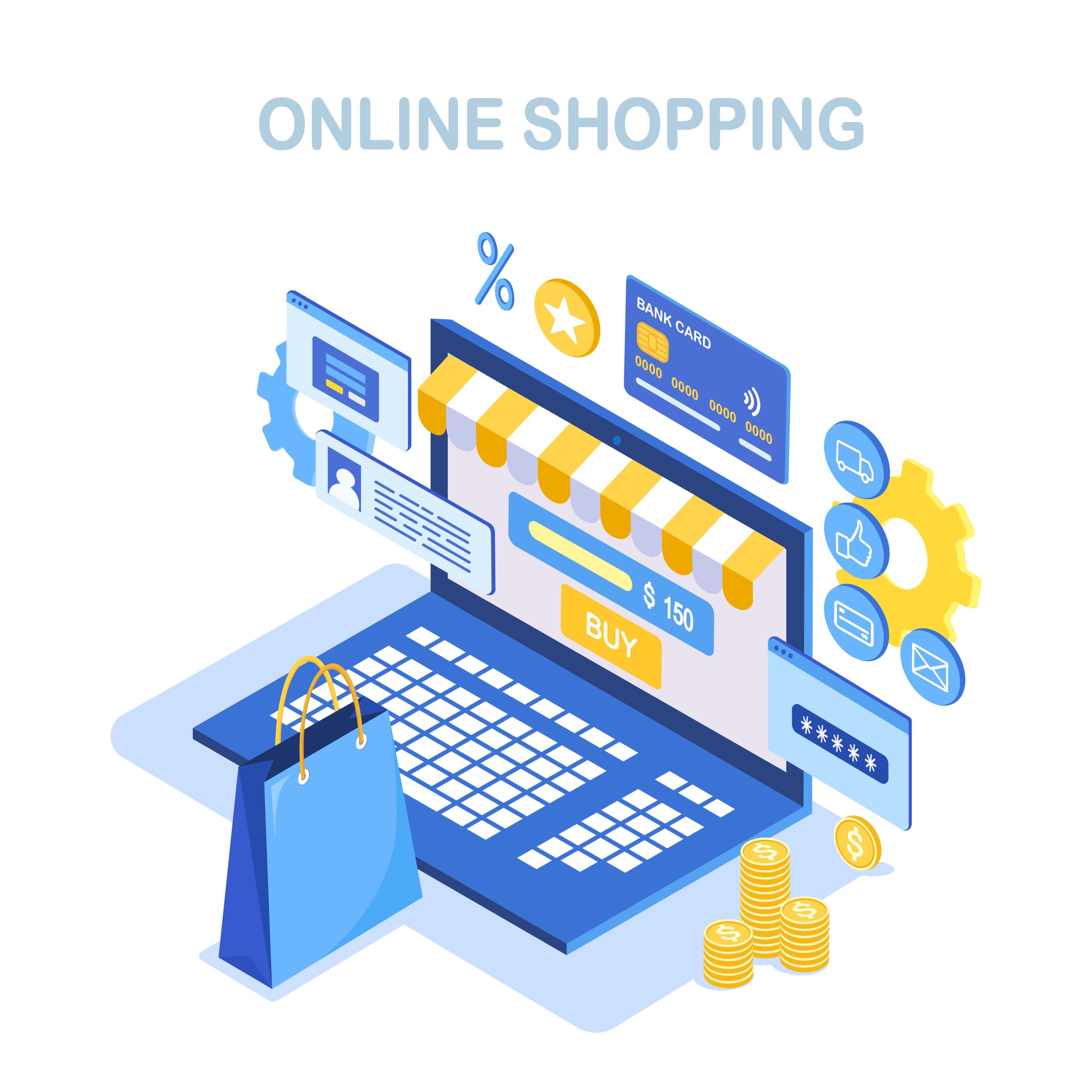 An isometric vector illustration representing online shopping, featuring an open laptop stylized as a digital storefront with a striped awning, a blue shopping bag, floating bank card, coins, and a yellow "BUY" button.