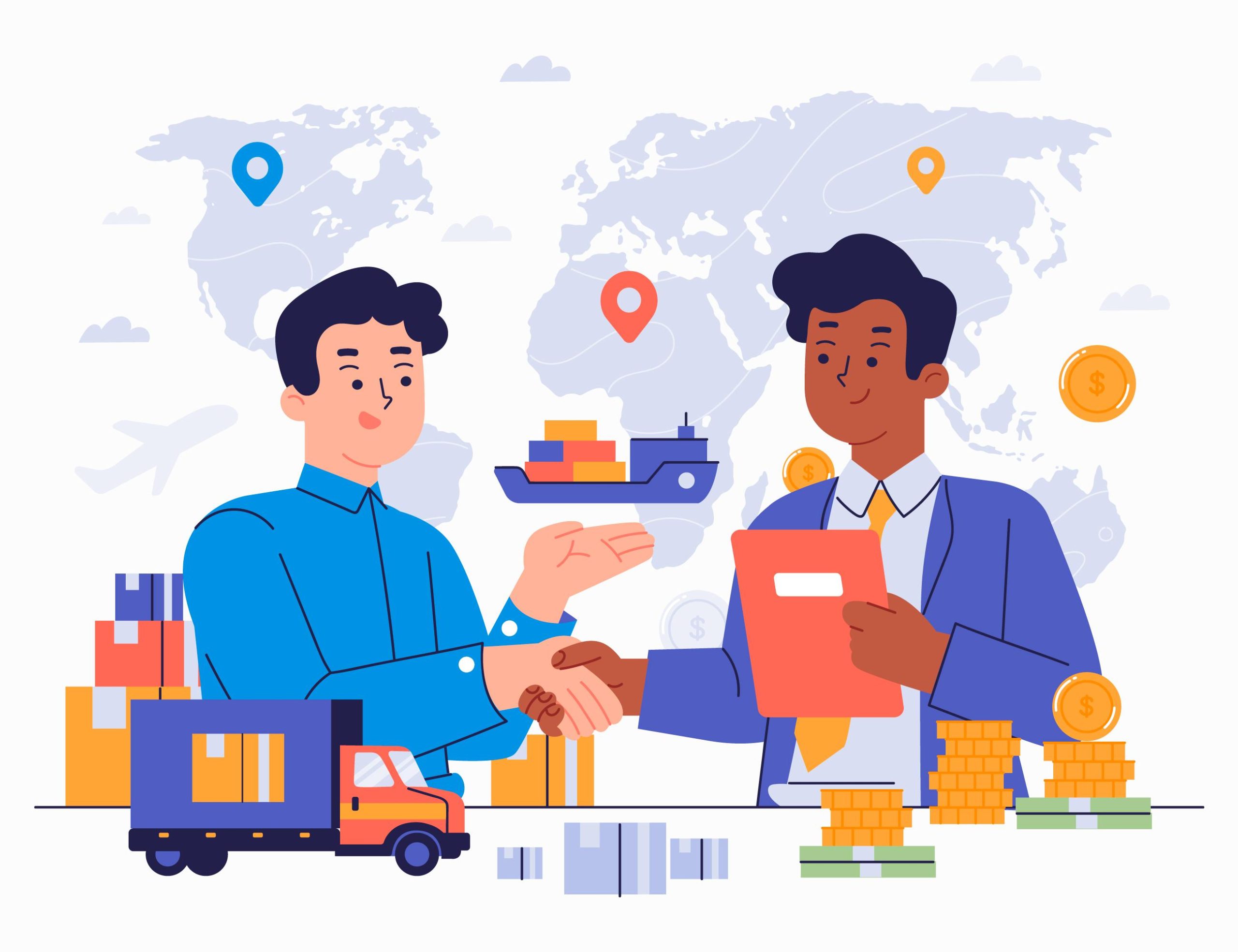 A flat vector illustration of two businessmen shaking hands over a successful logistics deal, featuring a world map background, cargo ship, delivery truck, packages, and stacked gold coins.