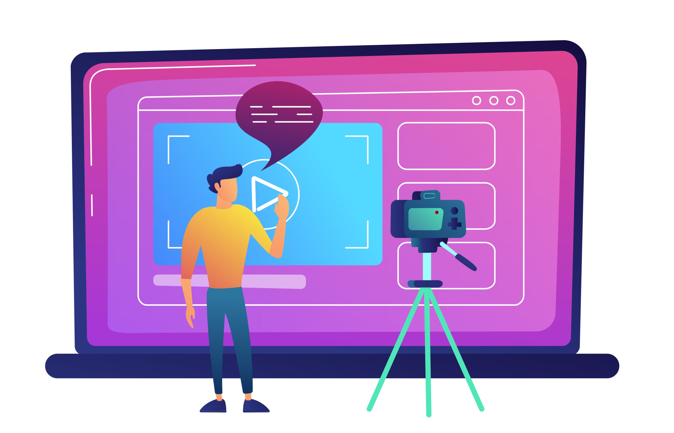 A vector illustration of a male content creator or vlogger speaking in front of a camera on a tripod, with a large laptop screen in the background displaying a video player interface.