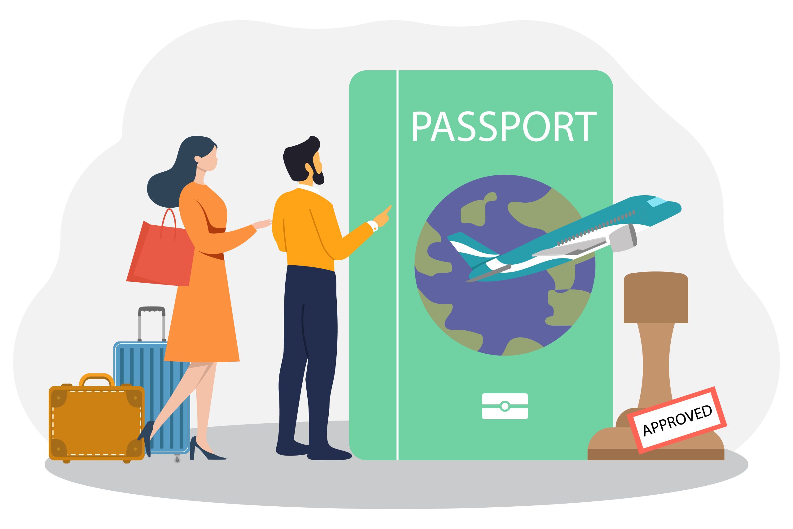 A flat vector illustration of a man and a woman with luggage standing next to a giant green passport, a flying airplane, and an approved stamp symbol.