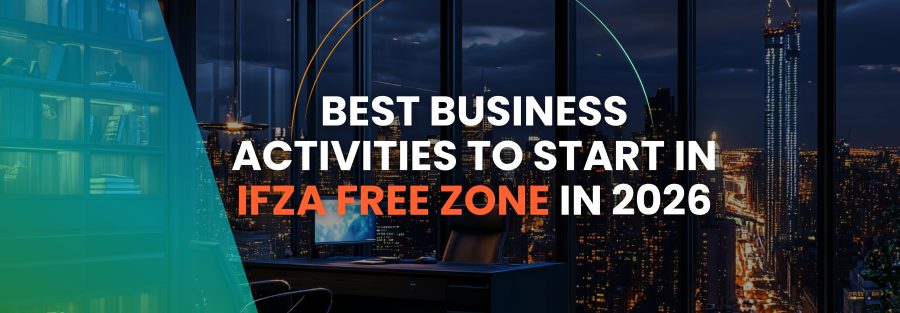 A modern, luxury office interior at night overlooking a lit-up city skyline, featuring a desk, office chair, and a bookshelf with a teal overlay, promoting business activities in the IFZA Free Zone for 2026.