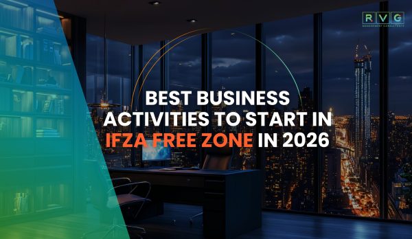 Best Business Activities IFZA Free Zone 2026 Blog Banner A modern, luxury office interior at night overlooking a lit-up city skyline, featuring a desk, office chair, and a bookshelf with a teal overlay, promoting business activities in the IFZA Free Zone for 2026.