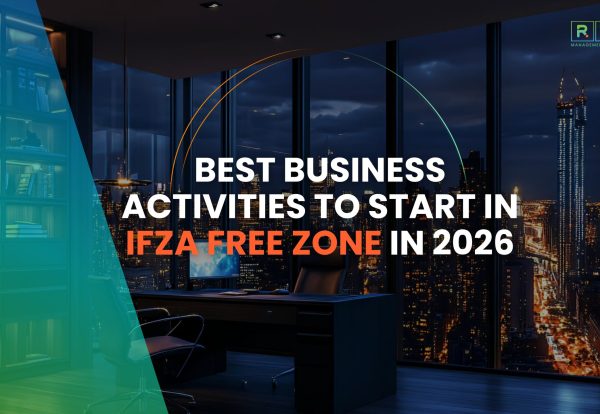 A modern, luxury office interior at night overlooking a lit-up city skyline, featuring a desk, office chair, and a bookshelf with a teal overlay, promoting business activities in the IFZA Free Zone for 2026.