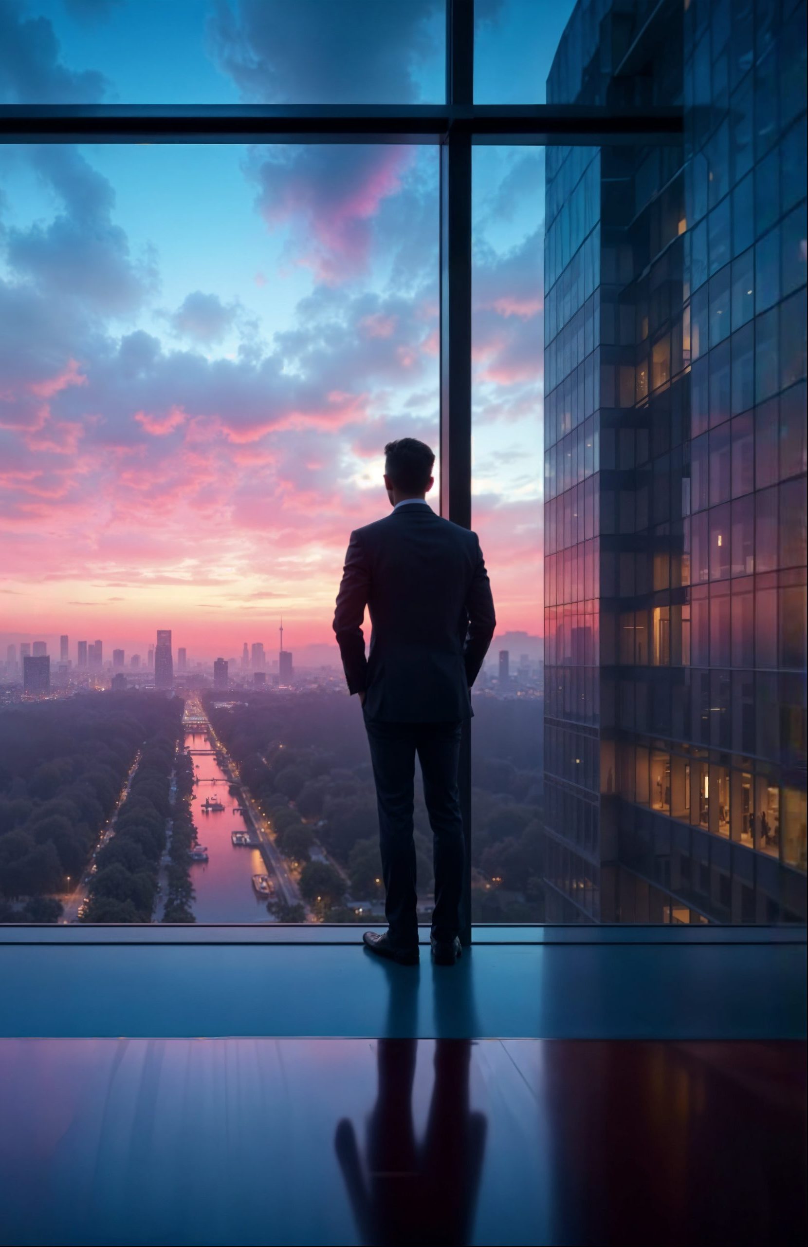 A full-length rear view of a businessman standing in a modern high-rise office, looking through a massive glass window at a vibrant pink and purple sunset over a city skyline and river park.